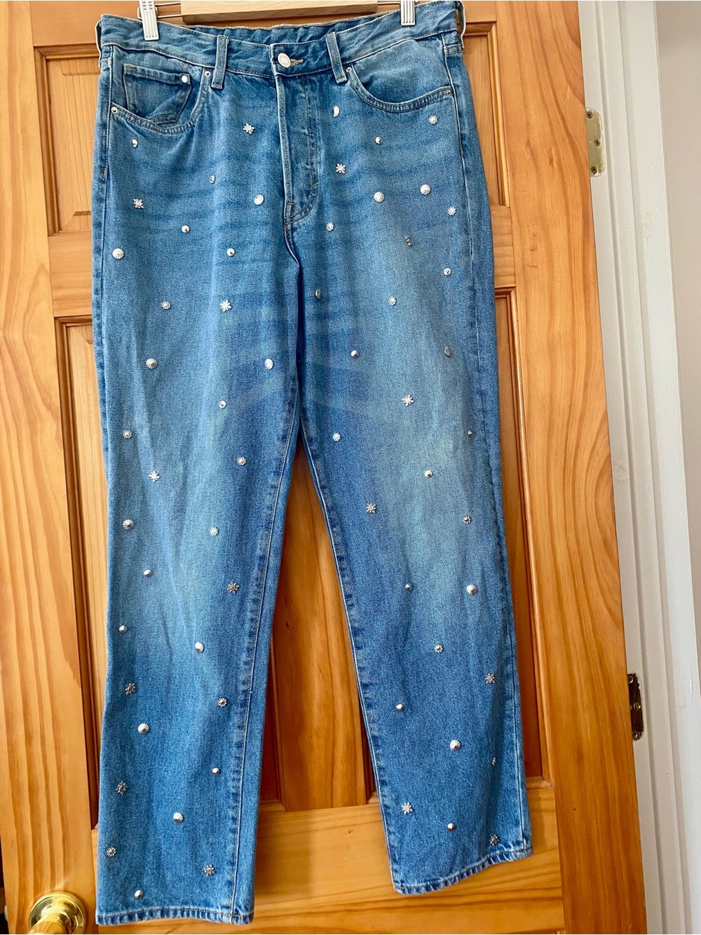 &Denim Vintage Fit High Waist Studded Jeans Silver Embellished Straight Leg 32